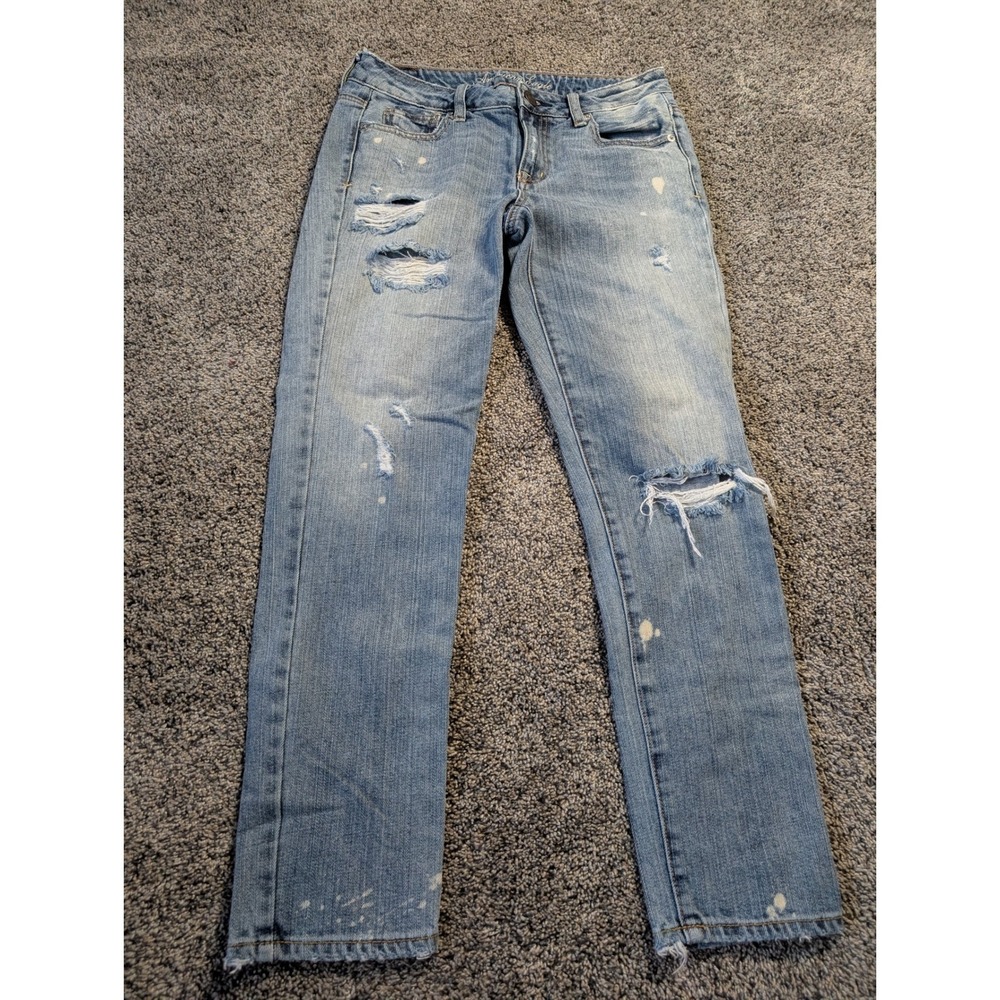 American Eagle Boy Jean Light Wash‎ Distressed Paint Ripped Denim 26x26